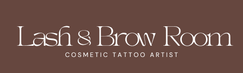 Logo for Lash & Brow Room with the subtitle Cosmetic Tattoo Artist displayed in elegant white text on a brown background.